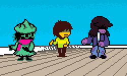 Rule 34 | 1boy, 1girl, 1other, androgynous, artist request, brown hair, colored skin, dancing, deltarune, eyes in shadow, glasses, green shirt, hat, jacket, jojo no kimyou na bouken, kris (deltarune), parody, pixel art, purple jacket, purple skin, ralsei, ripped jeans, shaded face, shirt, source request, striped clothes, striped shirt, susie (deltarune), torn clothes, torture dance, vento aureo, witch hat, yellow skin