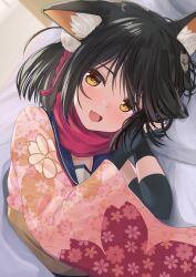 Rule 34 | 1girl, akabane hibame, animal ear fluff, animal ears, bed sheet, black gloves, black hair, blue archive, blue sailor collar, blush, fang, fox ears, gloves, highres, izuna (blue archive), looking at viewer, open mouth, partially fingerless gloves, red scarf, sailor collar, scarf, short hair, skin fang, smile, solo, upper body, yellow eyes
