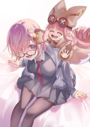 Rule 34 | 2girls, absurdres, bag, baggy clothes, baggy pants, breasts, button eyes, buttons, chaldea uniform, closed eyes, coat, collared shirt, dress, fate/grand order, fate (series), glasses, habetrot (fate), hair over one eye, hat, highres, jacket, long hair, long sleeves, mash kyrielight, medium breasts, multiple girls, necktie, open clothes, open jacket, open mouth, pants, pantyhose, pink coat, pink hair, pointy ears, purple eyes, purple hair, satchel, shirt, short hair, sitting, smile, spool, two-tone dress, zero yee