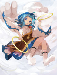 Rule 34 | 1boy, 1girl, blue dress, blue eyes, blue hair, blurry, depth of field, dress, efe, flying, grin, hair intakes, hood, hoop, jewelry, kesa, kumoi ichirin, long hair, long sleeves, looking at viewer, multicolored clothes, multicolored dress, necklace, open mouth, pendant, revision, ring, skirt, smile, socks, touhou, unzan, white dress, wide sleeves