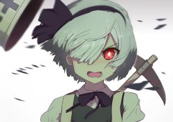 Rule 34 | 1girl, absurdres, black bow, black bowtie, black hairband, bow, bow hairband, bowtie, collared shirt, commentary request, cookie (touhou), green vest, hair between eyes, hair over one eye, hairband, highres, konpaku youmu, looking at viewer, open mouth, pickaxe, red eyes, shirt, short hair, simple background, solo, touhou, upper body, vest, white background, white hair, white shirt, wind, youmu-kun, zerukalo (cookie)