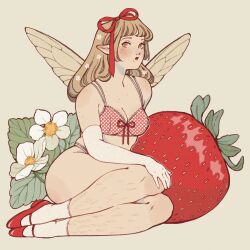 1girl bare_shoulders blonde_hair blush body_freckles body_hair bow bra breasts cleavage closed_mouth commentary elbow_gloves fairy fairy_wings flower food freckles frilled_bra frills fruit full_body gloves hair_bow hair_flower hair_ornament hair_ribbon highres karlovycross leaf leg_hair long_hair mary_janes medium_breasts mole mole_under_mouth nostrils orange_eyes original oversized_food oversized_object parted_lips pointy_ears red_bow red_bra red_lips red_ribbon red_shoes ribbon shoes sidelocks simple_background sitting socks solo strawberry symbol-only_commentary thighs underwear white_flower white_gloves white_socks wings yellow_background yokozuwari