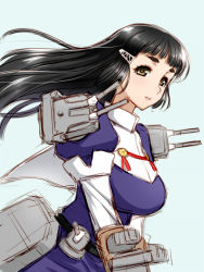 Rule 34 | 10s, 1girl, alternate hairstyle, bad id, bad pixiv id, black hair, breasts, brown eyes, hair down, hair ornament, hairclip, kantai collection, large breasts, long hair, long sleeves, looking at viewer, machinery, maeda r44, myoukou (kancolle), puffy long sleeves, puffy sleeves, simple background, solo, turret, uniform