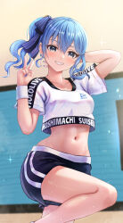 Rule 34 | 1girl, absurdres, arm up, blue eyes, blue hair, blue nails, character name, copyright name, earrings, hair ribbon, hand up, high side ponytail, highres, hololive, hololive dance practice uniform, hoshimachi suisei, jewelry, midriff, navel, official alternate costume, ribbon, side ponytail, smile, solo, star (symbol), star earrings, star in eye, sweat, symbol in eye, thighs, v, virtual youtuber, wajuniorbox
