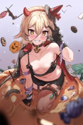 Rule 34 | 1girl, aged down, alternate breast size, alternate costume, bare shoulders, bat (animal), black gloves, black shorts, black thighhighs, blonde hair, blush, breasts, candy, cape, choker, claw pose, collarbone, commentary request, cookie, demon horns, earrings, eyeball, fake horns, food, gloves, grin, hair ornament, hairband, hairclip, halloween, hat, highres, horns, in food, jewelry, kanzarin, lollipop, long hair, looking at viewer, mini hat, mini witch hat, navel, nijisanji, nui sociere, pumpkin, shorts, slit pupils, small breasts, smile, solo, strap slip, tail, test tube, thighhighs, tilted headwear, very long hair, virtual youtuber, witch hat, yellow eyes