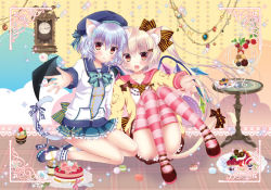 Rule 34 | 2girls, :d, alternate costume, animal ears, blush, bow, bowtie, brooch, cake, cat ears, cat tail, clock, cupcake, flandre scarlet, food, foreshortening, full body, green bow, green bowtie, hair bow, jewelry, kemonomimi mode, long sleeves, looking at viewer, macaron, miniskirt, multiple girls, open mouth, pekopokox, remilia scarlet, siblings, side ponytail, sisters, skirt, smile, striped bow, striped clothes, striped legwear, striped thighhighs, tail, thighhighs, touhou