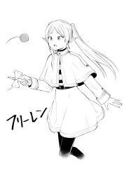 Rule 34 | 0827jona, 1girl, absurdres, belt, capelet, commentary request, dress, drop earrings, earrings, frieren, greyscale, highres, holding, holding toy, jewelry, kendama, long sleeves, monochrome, open mouth, pantyhose, parted bangs, pointy ears, shirt, simple background, solo, sousou no frieren, striped clothes, striped shirt, toy, twintails