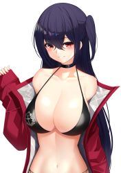 Rule 34 | 1girl, azur lane, bad id, bad pixiv id, bare shoulders, bikini, black bikini, black choker, black hair, breasts, choker, cleavage, collarbone, grin, hair between eyes, halterneck, halterneck, highres, jacket, large breasts, long hair, looking at viewer, maemi (maemi12), navel, off shoulder, official alternate costume, one side up, open clothes, open jacket, race queen, red eyes, red jacket, simple background, smile, solo, stomach, string bikini, swimsuit, taihou (azur lane), taihou (enraptured companion) (azur lane), upper body, white background