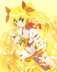 Rule 34 | 10s, 1girl, bad id, bad pixiv id, blonde hair, bow, breasts, brooch, cleavage, cure sunshine, hair ribbon, heart, heart brooch, heartcatch precure!, homing (areya), long hair, magical girl, midriff, myoudouin itsuki, orange bow, orange skirt, panties, petals, precure, ribbon, skirt, solo, twintails, underwear, white panties, wrist cuffs, yellow background, yellow eyes, yellow theme