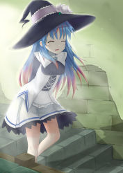 Rule 34 | 1girl, :d, ^ ^, absurdres, arms behind back, black hat, blue eyes, blush, breasts, brown hair, chtholly nota seniorious, closed eyes, commentary, crying, facing viewer, feiyyx, flower, gradient hair, hat, hat flower, highres, long hair, long sleeves, multicolored hair, open mouth, pleated skirt, shirt, shuumatsu nani shitemasu ka?, skirt, small breasts, smile, solo, stairs, standing, standing on one leg, stone stairs, tears, very long hair, white flower, white shirt, white skirt, witch hat
