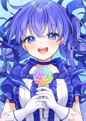 Rule 34 | 1girl, :d, blue background, blue choker, blue eyes, blue hair, center frills, choker, collarbone, commentary request, elbow gloves, flower, frills, gloves, hair between eyes, hands up, highres, holding, holding flower, karokuchitose, long hair, looking at viewer, nijisanji, open mouth, puffy short sleeves, puffy sleeves, rainbow gradient, shirt, short sleeves, smile, solo, upper body, virtual youtuber, white gloves, white shirt, yuuki chihiro