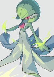 Rule 34 | 1girl, absurdres, bob cut, colored skin, creatures (company), electricity, electrokinesis, female focus, flat chest, from above, full body, game freak, gardevoir, gen 3 pokemon, green hair, green skin, grey background, hair over one eye, highres, himurohiromu, multicolored skin, nintendo, one eye covered, pokemon, pokemon (creature), red eyes, short hair, simple background, solo, standing, two-tone skin, white skin