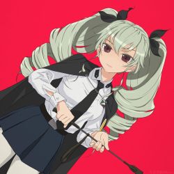 Rule 34 | 1girl, akagi (fmttps), anchovy (girls und panzer), anzio school uniform, artist name, belt, black belt, black cape, black necktie, black ribbon, black skirt, cape, chain, closed mouth, commentary request, cowboy shot, dress shirt, drill hair, dutch angle, emblem, girls und panzer, green hair, hair ribbon, head tilt, holding, light smile, long hair, long sleeves, looking at viewer, miniskirt, necktie, pantyhose, pleated skirt, red background, red eyes, ribbon, riding crop, school uniform, shirt, skirt, solo, standing, twin drills, twintails, twitter username, white pantyhose, white shirt