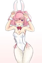 Rule 34 | 1girl, absurdres, animal ears, armpits, artist name, blush, breasts, claw pose, cleavage, commentary, covered navel, cowboy shot, doki doki literature club, english commentary, fake animal ears, fishnet pantyhose, fishnets, gradient background, hair ornament, hair ribbon, hands up, highleg, highleg leotard, highres, leotard, looking at viewer, lower teeth only, natsuki (doki doki literature club), nose blush, one eye closed, open mouth, pantyhose, pink eyes, pink hair, playboy bunny, rabbit ears, rabbit tail, raion (raionart), red ribbon, ribbon, short hair, signature, small breasts, solo, standing, strapless, strapless leotard, swept bangs, tail, teeth, thigh gap, white background, white leotard, white pantyhose, wide hips, wrist cuffs, x hair ornament