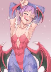 Rule 34 | 1girl, animal print, armpits, arms up, bat print, bat wings, blue pantyhose, blush, bridal gauntlets, collarbone, commentary, demon girl, drooling, flat chest, gluteal fold, head wings, highleg, highleg leotard, hip bones, leotard, licking lips, lilith aensland, looking at viewer, low wings, muscular, muscular female, navel, open mouth, ouka (oukakaka), pantyhose, print pantyhose, purple hair, red eyes, red leotard, short hair, smile, solo, teeth, tongue, tongue out, vampire (game), wings