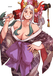 Rule 34 | 1girl, alternate costume, aosora2823, artist name, bare shoulders, black kimono, blush, breasts, cleavage, clenched teeth, collarbone, commentary request, dragon print, earrings, flower, gradient hair, green hair, hand on own hip, highres, holding, holding umbrella, hoop earrings, horns, japanese clothes, jewelry, kimono, large breasts, long hair, looking at viewer, multicolored hair, oil-paper umbrella, one piece, pink flower, print kimono, red horns, simple background, smile, solo, teeth, umbrella, white background, white hair, wide sleeves, yamato (one piece), yukata
