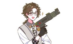 1boy ;d black_gloves brown_eyes brown_hair checkered_necktie freckles glasses gloves grey_vest gun haihaiera hand_up holding holding_gun holding_weapon horropedia long_sleeves low_ponytail male_focus medium_hair necktie one_eye_closed open_mouth ponytail reverse:1999 shirt short_ponytail smile solo sparkle upper_body vest weapon white_background white_shirt