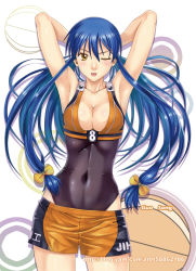 Rule 34 | 1girl, :p, basketball, basketball uniform, blue hair, blush, bow, breasts, brown eyes, character name, cleavage, english text, female focus, ge xi, gou song (ge xi), hair bow, leotard, long hair, navel, original, shorts, smile, solo, sportswear, tongue, tongue out, twintails, undressing, very long hair, watermark, web address, wink