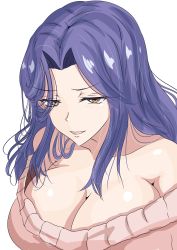 Rule 34 | 1girl, absurdres, alternate costume, bare shoulders, beige sweater, breasts, cleavage, cowboy shot, hair intakes, highres, kantai collection, ken (shutenndouji1), large breasts, long hair, looking at viewer, off-shoulder sweater, off shoulder, open mouth, pink sweater, purple hair, solo, sweater, tatsuta (kancolle), upper body, white background, yellow eyes