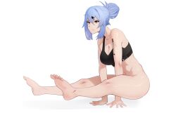 Rule 34 | 1girl, absurdres, barcode, barcode tattoo, bare legs, barefoot, blue hair, bottomless, breasts, exercise, feet, hair between eyes, hair bun, hair ornament, hairclip, highres, large breasts, long hair, navel, original, saki (the atko), simple background, soles, stretching, tank top, tattoo, the atko, toes, white background