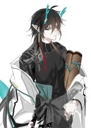 Rule 34 | 1boy, aqua eyes, aqua horns, arm at side, black hair, black shirt, chinese commentary, closed mouth, clothes around waist, commentary request, cowboy shot, dan heng (beta design) (honkai: star rail), dan heng (honkai: star rail), dan heng (imbibitor lunae) (honkai: star rail), earrings, expressionless, highres, holding, holding scroll, honkai: star rail, honkai (series), horns, jacket, jewelry, jiuchuansi, long hair, long sleeves, looking at viewer, male focus, off shoulder, pointy ears, print shirt, scroll, shirt, simple background, sketch, solo, turtleneck, very long hair, white background, white jacket