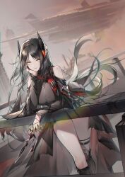 Rule 34 | 1girl, absurdres, aircraft, airship, arknights, bag, bare shoulders, black dress, black footwear, black hair, black nails, black sleeves, boots, breasts, cityscape, clothing cutout, demon horns, dress, fingernails, grey cloak, highres, holding, holding knife, holding weapon, horns, ines (arknights), jacket, knee pads, knife, leaning forward, long hair, long sleeves, looking at viewer, medium breasts, parted bangs, red ribbon, ribbon, shoulder bag, shoulder cutout, single knee pad, sky, sleeveless, sleeveless turtleneck, solo, standing, thigh strap, thighs, turtleneck, vuvkhkgi, weapon, yellow eyes, zipper