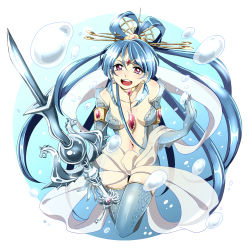 Rule 34 | 1girl, armlet, blue hair, bubble, center opening, choker, earrings, fingernails, forehead jewel, hair ornament, hair rings, hair stick, happy, jewelry, karupa (moehageru), long fingernails, long hair, looking at viewer, lots of jewelry, magi the labyrinth of magic, navel, open mouth, polearm, purple eyes, ren kougyoku, smile, solo, spear, sword, thighhighs, weapon, white background
