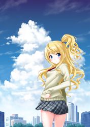 Rule 34 | 1girl, blonde hair, blue eyes, blue sky, blush, breasts, building, closed mouth, cloud, cloudy sky, commentary request, day, grey skirt, grey sweater, highres, kaze makase, long hair, looking at viewer, looking back, one side up, outdoors, plaid, plaid skirt, pleated skirt, princess connect!, red neckwear, school uniform, skirt, sky, skyscraper, small breasts, smile, solo, split mouth, standing, suzuna (princess connect!), suzuna (real) (princess connect!), sweater, very long hair