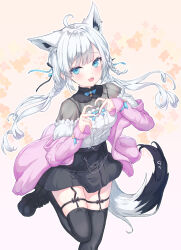 Rule 34 | 1girl, ahoge, animal ear fluff, animal ears, black footwear, black skirt, black thighhighs, braid, commentary request, earrings, extra ears, fox ears, fox girl, fox tail, garter straps, green eyes, hair between eyes, hair ribbon, heart, heart hands, highres, hololive, jacket, jewelry, leg up, long hair, looking at viewer, low twintails, open clothes, open jacket, open mouth, orange background, parufeito, pink jacket, ribbon, shirakami fubuki, shirt, sidelocks, single braid, skirt, solo, tail, thigh strap, thighhighs, twintails, virtual youtuber, white burinyan, white hair, white shirt