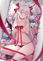 Rule 34 | 1girl, absurdres, barefoot, black panties, blurry, bottle, bow, box, breasts, cleavage, closed mouth, commentary request, depth of field, flower, gift, gift box, hair bow, highres, in container, indie virtual youtuber, large breasts, lily (flower), long hair, looking at viewer, lying, navel, on back, panties, pillow, red eyes, red ribbon, restrained, ribbon, skindentation, solo, stomach, string panties, thighs, topless, underwear, very long hair, virtual youtuber, white hair, yukizawa xueze
