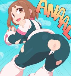 Rule 34 | 1girl, presenting anus, anus, anus only, ass, ass cutout, ass focus, bent over, blue sky, blush stickers, bodysuit, boku no hero academia, boots, breasts, brown eyes, brown hair, clothing cutout, day, female focus, from behind, kabeume, looking back, medium breasts, open mouth, sky, solo, torn bodysuit, torn clothes, uraraka ochako, white footwear