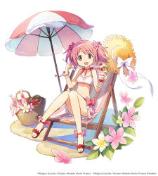 Rule 34 | 1girl, :d, alternate costume, alternate hair ornament, aniplex, ankle flower, ankle ribbon, ankle strap, artist request, bare arms, bare legs, bare shoulders, basket, bikini, blush, bottle, bracelet, breasts, caramel, chair, choker, collarbone, copyright name, cup, deck chair, dot nose, drink, flower, food, frilled swimsuit, frills, fruit, full body, hair flower, hair ornament, halterneck, happy, hat, unworn hat, hat ribbon, unworn headwear, holding, holding cup, holding spoon, ice cream, jewelry, kaname madoka, knees together feet apart, leaf, leg ribbon, looking at viewer, mahou shoujo madoka magica, mahou shoujo madoka magica (anime), navel, official art, open mouth, orange (fruit), orange slice, oversized flower, parasol, phantom of the kill, pink choker, pink eyes, pink flower, pink hair, pink neckwear, pink ribbon, pink theme, plaid, plaid swimsuit, plumeria, red footwear, ribbon, ribbon choker, sand, sandals, shadow, short twintails, simple background, sitting, small breasts, smile, solo, soul gem, spoon, stomach, straw hat, strawberry, swimsuit, twintails, umbrella, white background, white flower, white ribbon