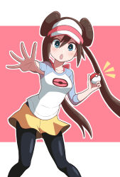 Rule 34 | 1girl, black pantyhose, blue eyes, blush, bow, breasts, brown hair, commentary, creatures (company), double bun, game freak, hair bun, highres, holding, holding poke ball, legs apart, long hair, looking at viewer, nintendo, notice lines, open mouth, outline, pantyhose, pantyhose under shorts, pink bow, poke ball, poke ball (basic), pokemon, pokemon bw2, raglan sleeves, rosa (pokemon), shirt, short shorts, shorts, solo, spread fingers, twintails, visor cap, yellow shorts, yuu (vy6wh7hqrrxdxx7)