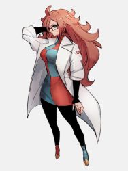 Rule 34 | 1girl, android 21, asymmetrical footwear, blue eyes, blue footwear, breasts, checkered clothes, checkered dress, dragon ball, dragon ball fighterz, dress, earrings, full body, glasses, grey background, hoop earrings, jewelry, kemachiku, lab coat, long hair, long sleeves, looking at viewer, medium breasts, mismatched footwear, red footwear, red hair, red ribbon army, shoes, simple background, solo, standing