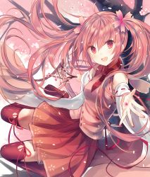 Rule 34 | 1girl, ahoge, cherry blossoms, detached sleeves, hatsune miku, highres, io enishi, long hair, necktie, open mouth, outstretched arm, red eyes, red hair, red thighhighs, sakura miku, skirt, solo, thighhighs, tree, very long hair, vocaloid