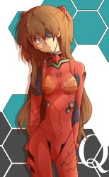 Rule 34 | 10s, 1girl, bad id, bad pixiv id, blue eyes, brown hair, copyright name, cowboy shot, evangelion: 3.0 you can (not) redo, eyepatch, frown, hair between eyes, hair ornament, head tilt, highres, honeycomb (pattern), honeycomb background, long hair, neon genesis evangelion, plugsuit, rebuild of evangelion, ruhuruhuruhuhu, solo, souryuu asuka langley, standing, very long hair, white background