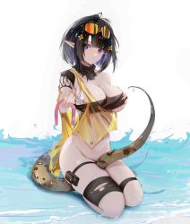Rule 34 | 1girl, absurdres, arknights, bare shoulders, between legs, black hair, blunt bangs, blush, bottomless, breasts, cleavage, closed mouth, collarbone, crocodilian tail, eunectes (arknights), eyewear on head, full body, groin, hand on own chest, highres, holding, large breasts, looking at viewer, multicolored hair, nail polish, navel, nose blush, omone hokoma agm, orange-tinted eyewear, pointy ears, pouch, purple hair, scales, see-through, seiza, short hair, signature, simple background, sitting, solo, strapless, sunglasses, tail, tail between legs, thigh pouch, thigh strap, tinted eyewear, torn clothes, two-tone hair, underboob, water, white background, yellow nails