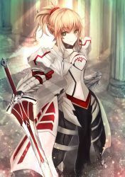 Rule 34 | 1girl, armor, blonde hair, braid, clarent (fate), clenched hand, column, fate/apocrypha, fate/grand order, fate (series), full armor, gauntlets, green eyes, highres, kaze minoru so-ru, long hair, mordred (fate), mordred (fate/apocrypha), pauldrons, pillar, ponytail, shoulder armor, solo, standing, sword, weapon