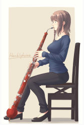 Rule 34 | 1girl, bad id, bad pixiv id, black footwear, black pants, blue eyes, blue sweater, braid, brown background, brown hair, chair, closed mouth, commentary request, english text, fingernails, from side, full body, high heels, highres, instrument, instrument request, long hair, long sleeves, music, oda masaki (b-minor), original, pants, playing instrument, profile, simple background, sitting, solo, sweater