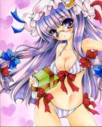 Rule 34 | 1girl, absurdres, bad id, bad pixiv id, bespectacled, bikini, book, bow, breasts, cleavage, female focus, glasses, hair bow, hat, heart, highres, long hair, marker (medium), medium breasts, navel, painting (medium), patchouli knowledge, purple eyes, purple hair, solo, striped bikini, striped clothes, sumire (sumiringo2008), swimsuit, touhou, traditional media, vertical-striped bikini, vertical-striped clothes, watercolor (medium)