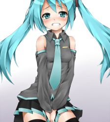 Rule 34 | 1girl, aqua eyes, aqua hair, bad id, bad pixiv id, blush, breasts, clenched teeth, detached sleeves, hatsune miku, have to pee, headphones, long hair, necktie, saliva, shy, skirt, small breasts, solo, tears, teeth, thighhighs, tsukune (o0106k), tsukune (pixiv364738), twintails, very long hair, vocaloid, zettai ryouiki
