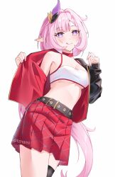1girl armpits blue_eyes breasts commentary cowboy_shot elf elysia_(herrscher_of_human:_ego)_(honkai_impact) elysia_(honkai_impact) hair_ornament highres honkai_(series) honkai_impact_3rd jacket long_hair looking_at_viewer nami_(tznami) official_alternate_costume open_clothes open_jacket pink_hair pointy_ears red_jacket red_skirt skirt stomach strapless tongue tongue_out tube_top twitter_username underboob white_background
