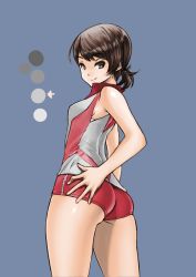 Rule 34 | 10s, 1girl, ass, blue background, breasts, brown eyes, brown hair, closed mouth, color guide, commentary, cowboy shot, girls und panzer, hand on own hip, highres, kawanishi shinobu, looking at viewer, looking back, one-hour drawing challenge, red shirt, red shorts, shirt, short hair, short ponytail, short shorts, shorts, sideboob, simple background, single vertical stripe, sleeveless, sleeveless shirt, small breasts, smile, solo, sportswear, standing, swept bangs, volleyball uniform, yamano rita