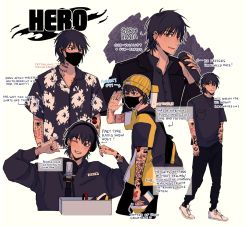 Rule 34 | 1boy, alternate costume, alternate universe, arm tattoo, artist name, beanie, black eyes, black hair, black jacket, black mask, black nails, black pants, black shirt, boku no hero academia, butterfly tattoo, character name, closed mouth, collared shirt, ear piercing, earrings, english text, flower tattoo, full body, hair between eyes, hand in pocket, hat, highres, holding, holding microphone, idol, jacket, jewelry, long sleeves, looking at viewer, male focus, mask, microphone, mouth mask, nail polish, neck tattoo, pants, piercing, print shirt, rokitokkii, sero hanta, shirt, shoes, short hair, short sleeves, simple background, smile, sneakers, standing, tattoo, text tattoo, white background, white footwear, yellow headwear, yellow shirt