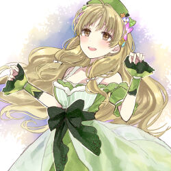 Rule 34 | 1girl, :d, atelier (series), atelier ayesha, ayesha altugle, bare shoulders, blonde hair, blush, bow, breasts, brown eyes, dress, flower, green bow, green dress, green hat, hair flower, hair ornament, hani (udauda), hat, long hair, looking at viewer, medium breasts, open mouth, simple background, smile, solo, waist bow, white background, wrist cuffs