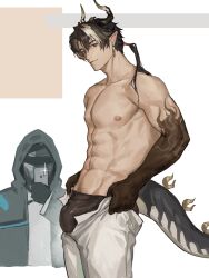 Rule 34 | 1boy, abs, aixiwuganda (20222192), arknights, ass, bara, black hair, black male underwear, bulge, bulge lift, chong yue (arknights), curled horns, doctor (arknights), dragon boy, dragon horns, dragon tail, dressing, feet out of frame, from side, gradient skin, highres, horns, i&#039;ve never seen a guy recreate this successfully tbh (meme), large pectorals, long hair, looking at viewer, low ponytail, male focus, male underwear, meme, multicolored hair, muscular, muscular male, navel hair, nipples, open pants, pants, pants lift, pectorals, pointy ears, smile, solo, stomach, streaked hair, tail, topless male, undersized clothes, underwear, white pants