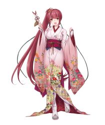 Rule 34 | 1girl, absurdres, arrow (projectile), boots, clenched hand, floral print, full body, high ponytail, highres, holding, japanese clothes, kimono, long hair, long sleeves, obi, official art, open mouth, red hair, round teeth, rumble burst, sash, solo, teeth, transparent background, very long hair, wide sleeves, yellow eyes