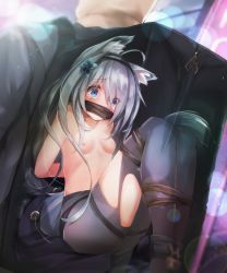 Rule 34 | 1boy, 1girl, animal ear fluff, animal ears, bound, bound arms, bound legs, breasts, crying, flower, gagged, hair flower, hair ornament, hairband, highres, in container, long hair, matamataro, nipples, original, restrained, silver hair, small breasts, solo focus, tagme, tail, tears, topless, torn clothes, torn legwear, vrchat, x-ray