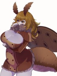 Rule 34 | 1girl, antennae, arthropod girl, black sclera, blonde hair, blush, breasts, carapace, cleavage, colored sclera, commission, covered mouth, dress, fur collar, highres, huge breasts, insect girl, insect wings, long hair, looking at viewer, monster girl, moth antennae, moth girl, moth wings, original, simple background, skeb commission, solo, standing, white background, wings, yellow eyes, yonaga san