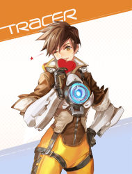 Rule 34 | 1girl, achyue, brown hair, character name, earrings, gloves, hand on own hip, heart, holding, holding heart, jewelry, one eye closed, overwatch, overwatch 1, parted lips, short hair, sleeves rolled up, smile, solo, star (symbol), tracer (overwatch), yellow eyes, zipper